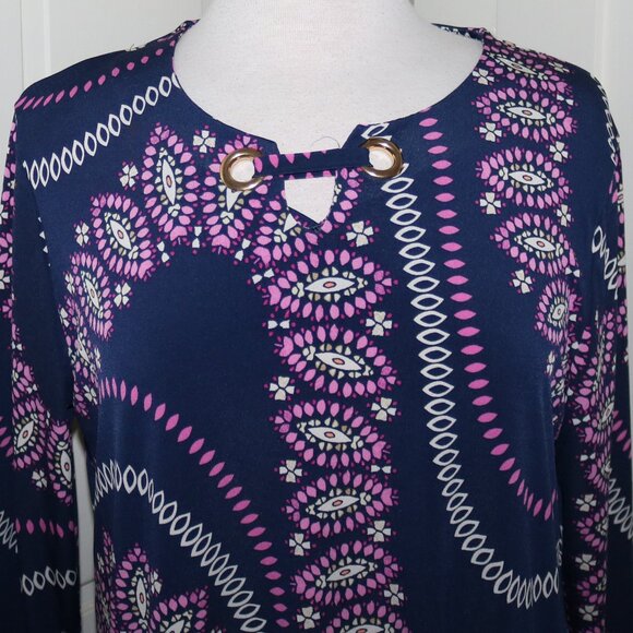 JM Collection Petite Navy Pink White Paisley Grommet Neck Poly Knit Tunic Sz PL - Picture 2 of 8